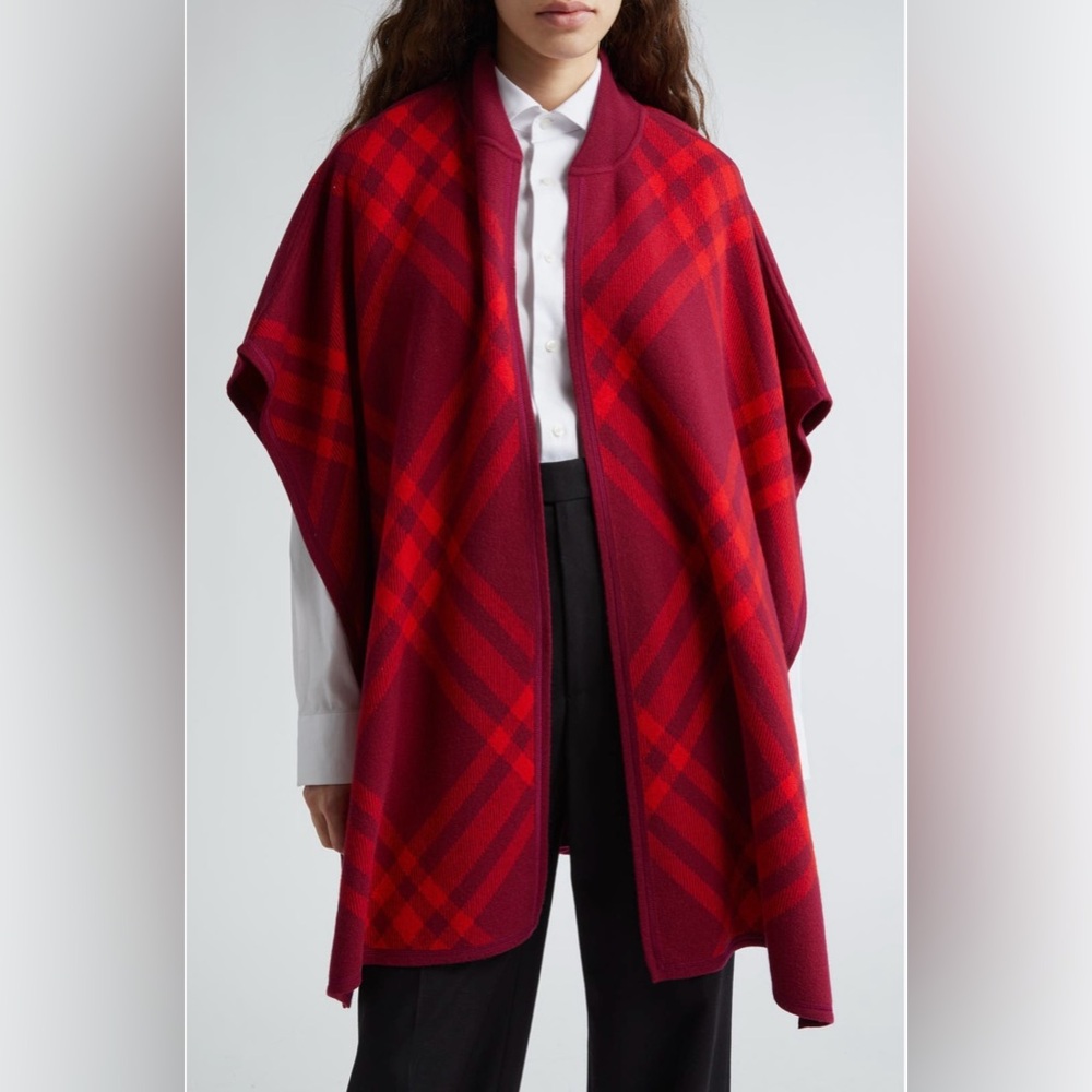 BNWT Burberry Carly Check Wool Cape Red